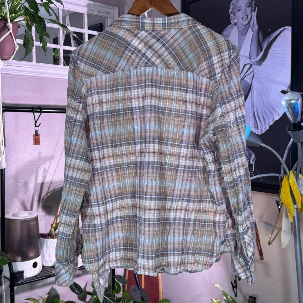 Nautica Jeans Women's Plaid Long Sleeve‎ Button Down Shirt XL Beige Blue
